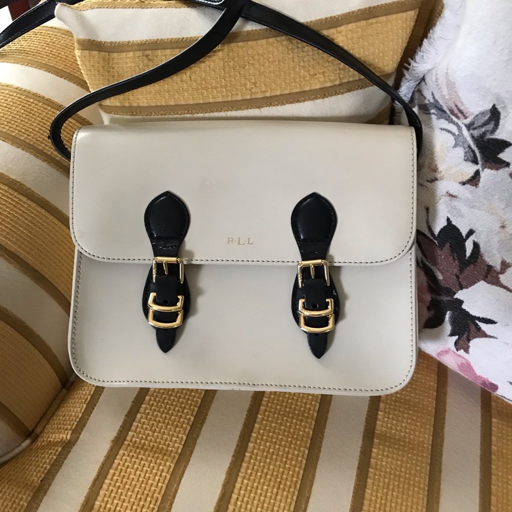 Ralph Lauren Cream and Black Crossbody Bag with Gold Buckles